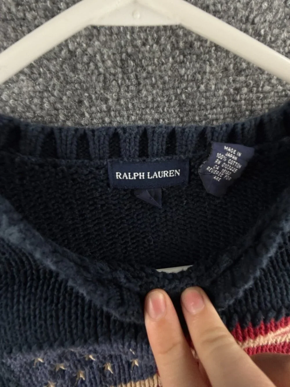 Ralph Lauren Boys Flag Sweater USA Large Cotton Japan Made Navy Blue Crew Neck